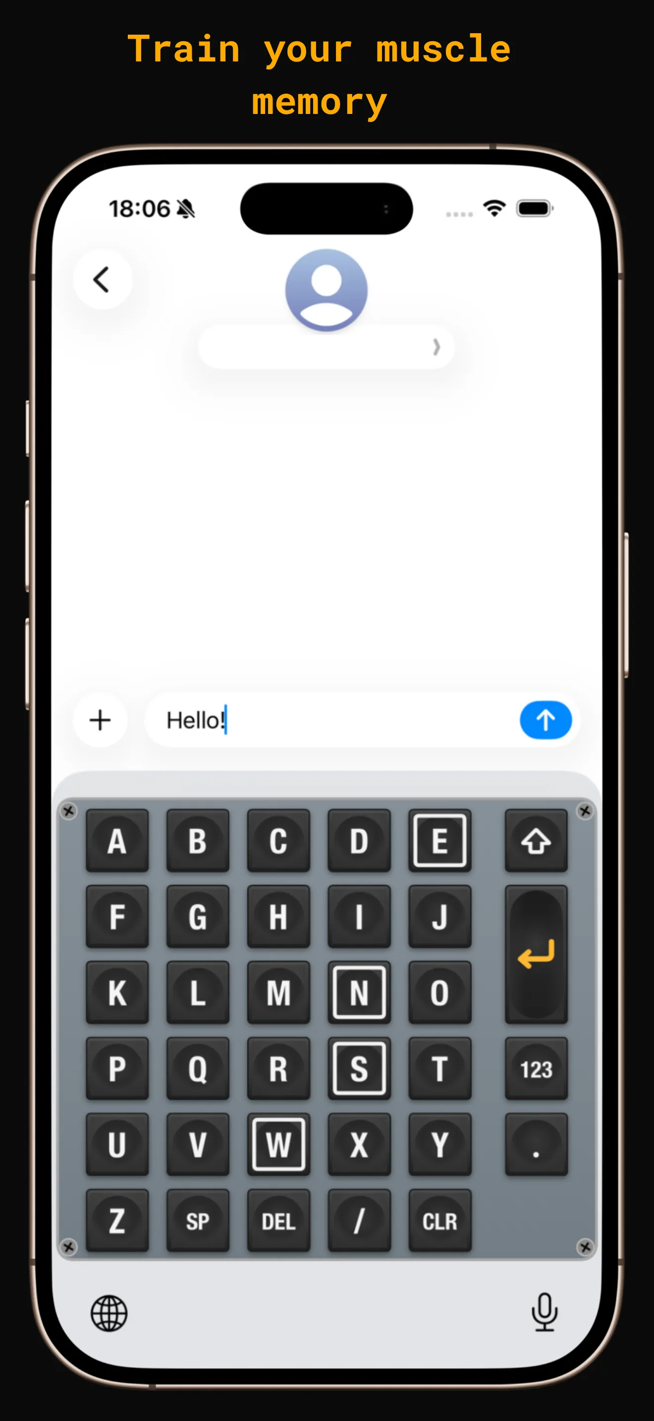 The CDU keyboard open in Messages, its light plate showing the alphabetical grid.