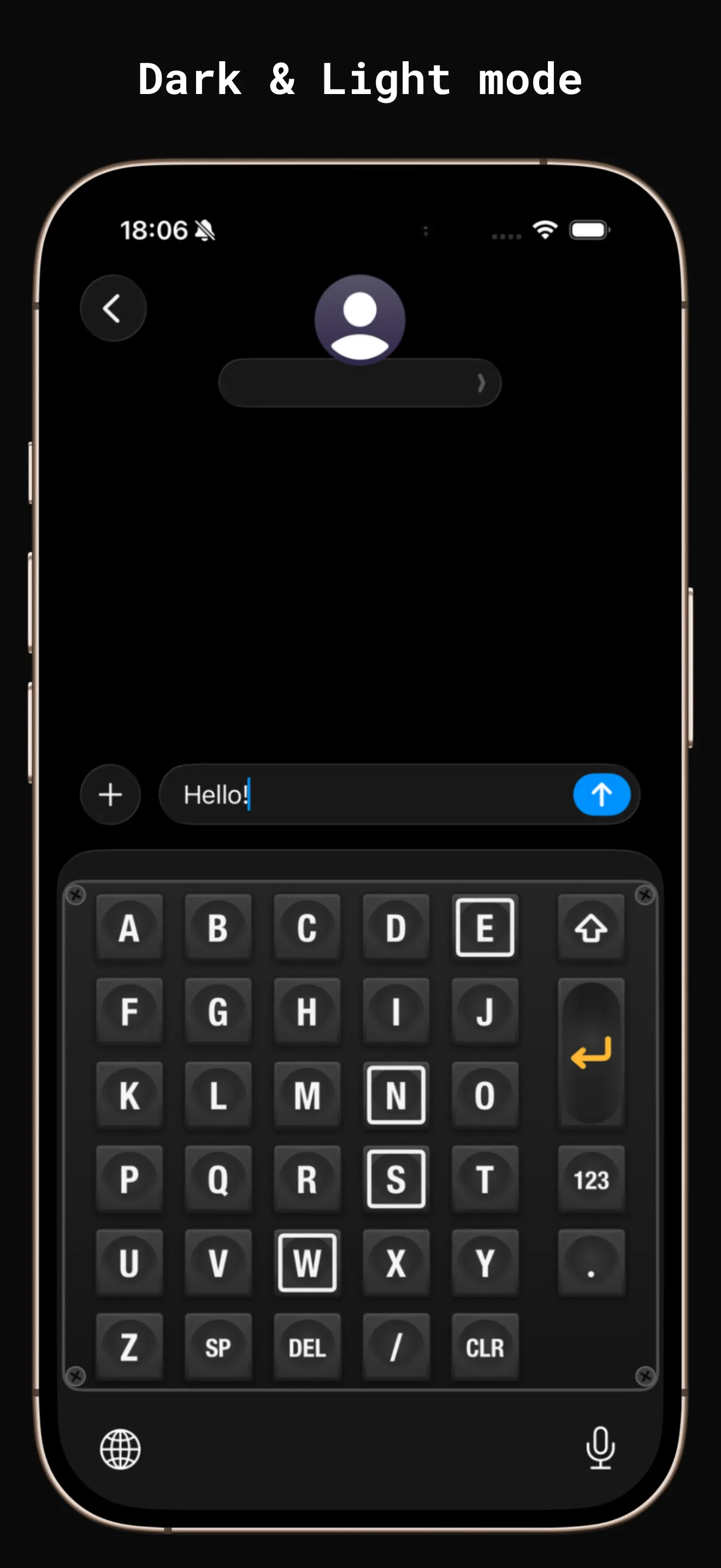 The keyboard in dark mode, its black housing open in Messages.