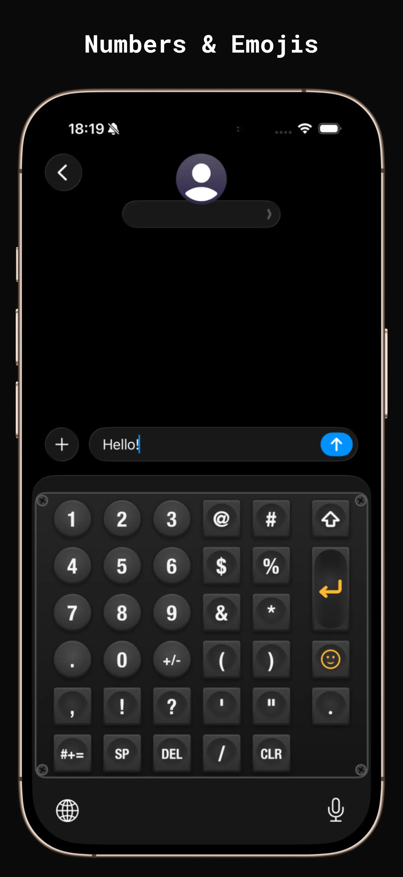 The numbers page: round digit caps, symbols, and the amber emoji key.
