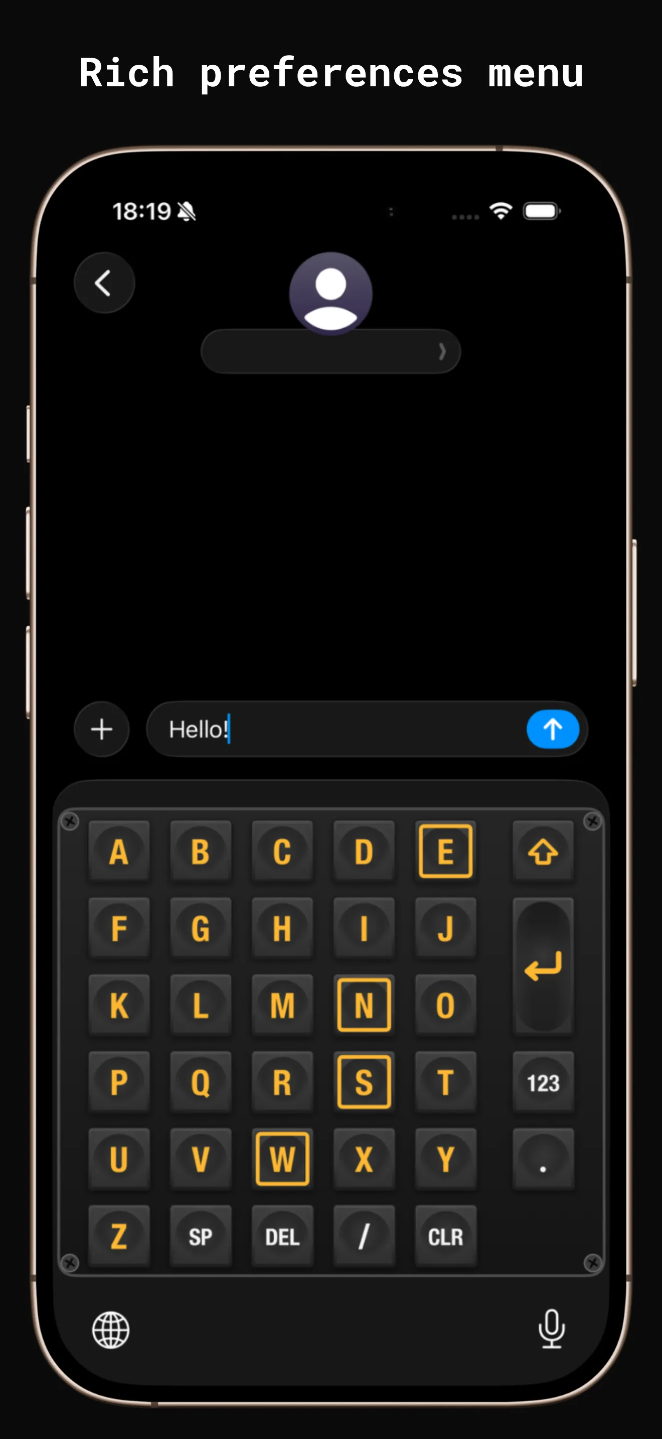 The keypad with every letter lit amber and E, N, S, W outlined in amber — caps lock engaged.